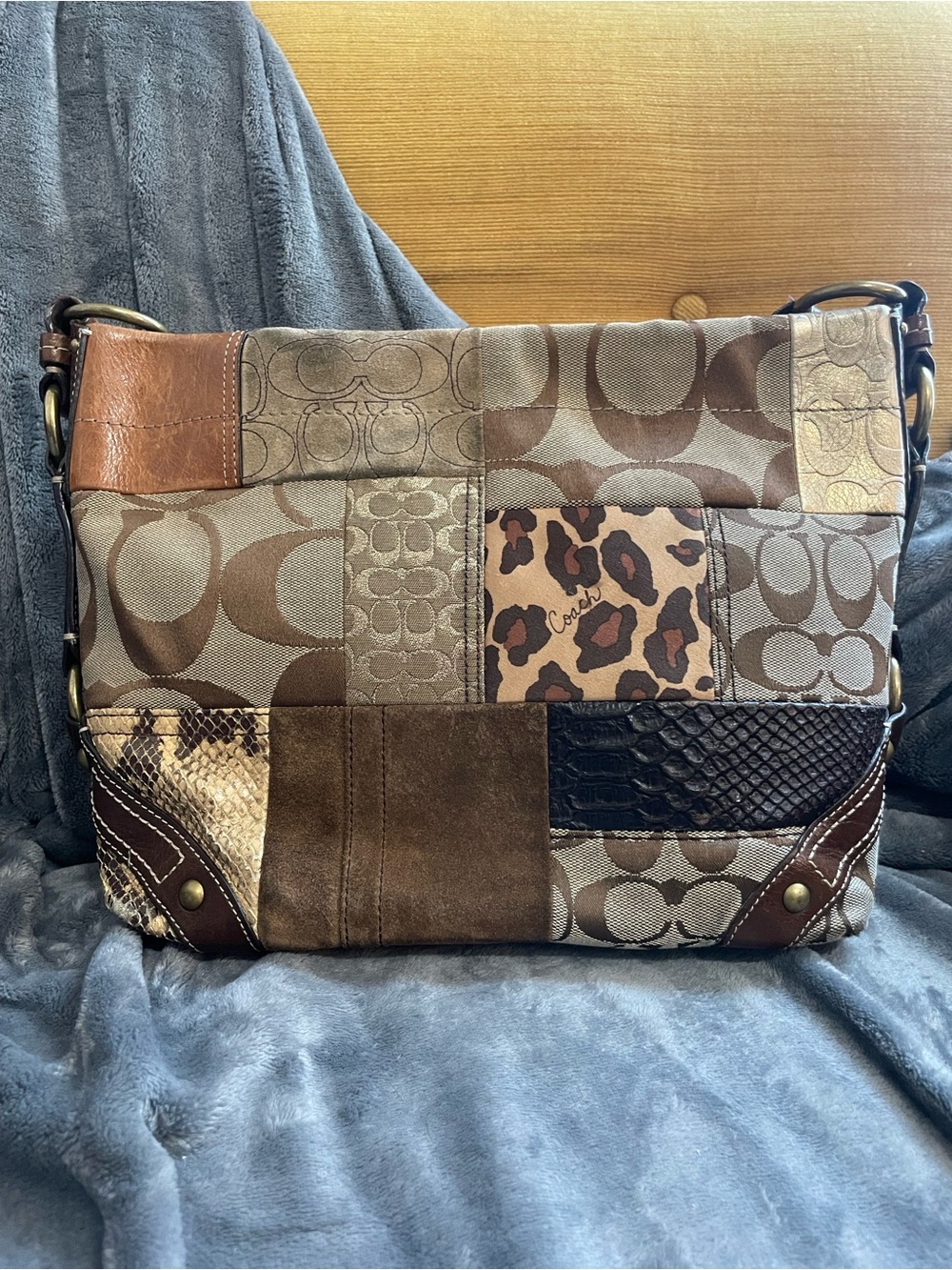 Coach Patchwork Signature Shoulder Bag in Brown and Tan